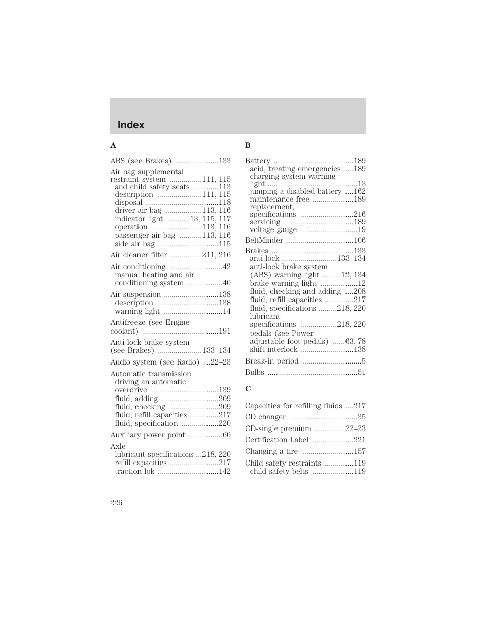 Index | FORD 2003 Crown Victoria v.1 User Manual | Page 226 / 232