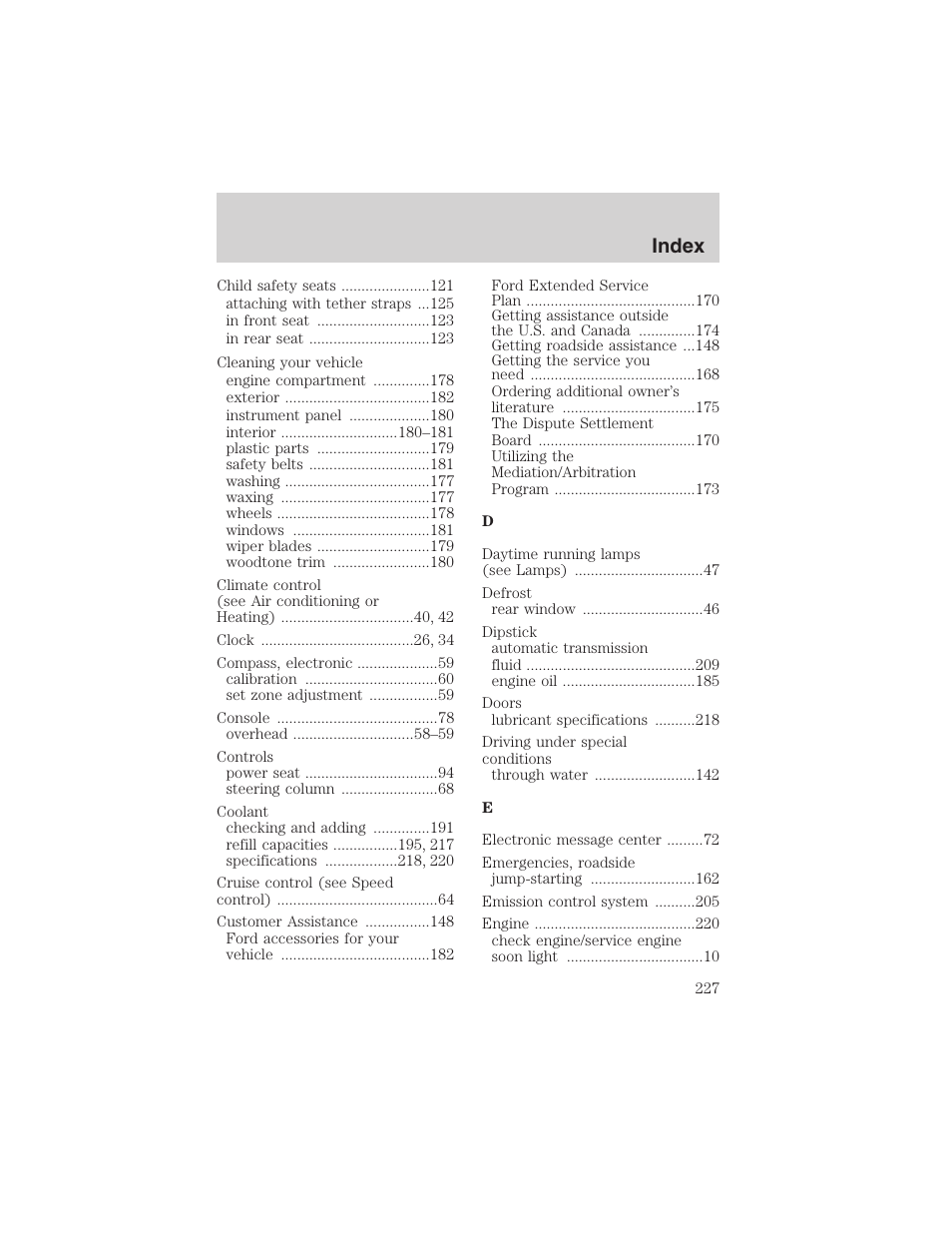 Index | FORD 2003 Crown Victoria v.1 User Manual | Page 227 / 232