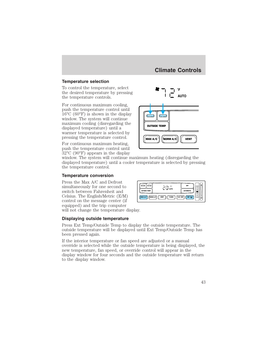 Climate controls | FORD 2003 Crown Victoria v.1 User Manual | Page 43 / 232