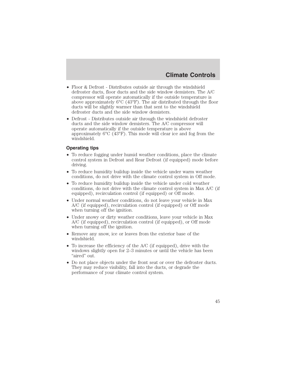 Climate controls | FORD 2003 Crown Victoria v.1 User Manual | Page 45 / 232