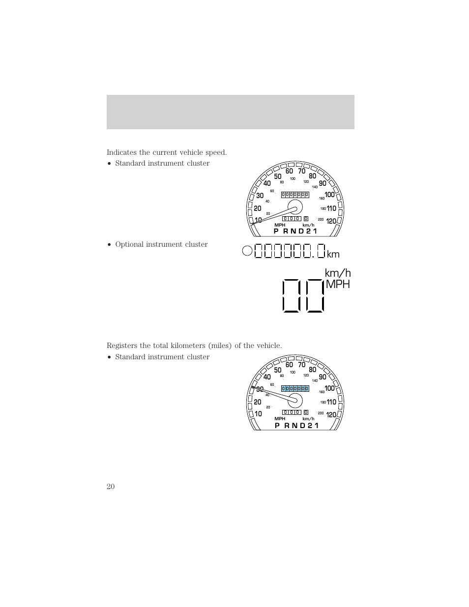 Km/h mph, Km s, Instrument cluster | FORD 2003 Crown Victoria v.2 User Manual | Page 20 / 248