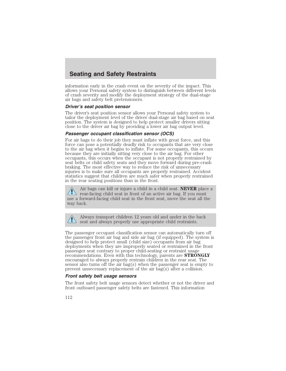 Seating and safety restraints | FORD 2003 Crown Victoria v.3 User Manual | Page 112 / 248