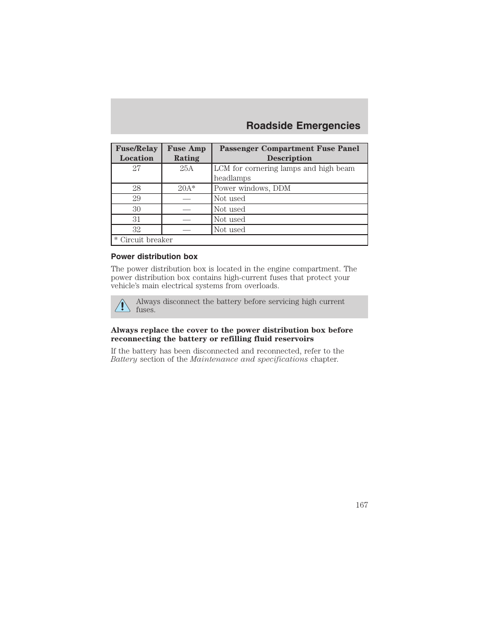 Roadside emergencies | FORD 2003 Crown Victoria v.3 User Manual | Page 167 / 248