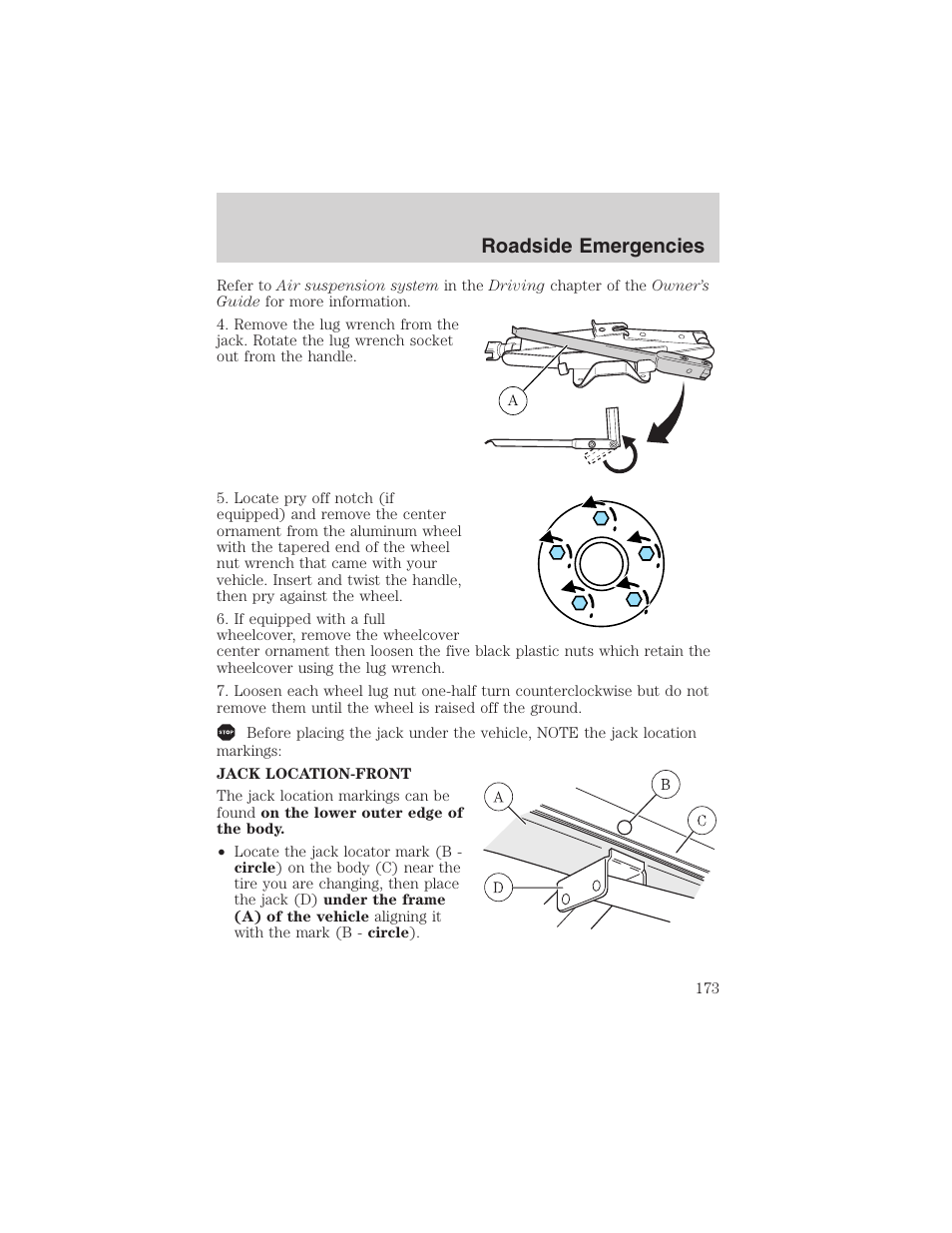 Roadside emergencies | FORD 2003 Crown Victoria v.3 User Manual | Page 173 / 248