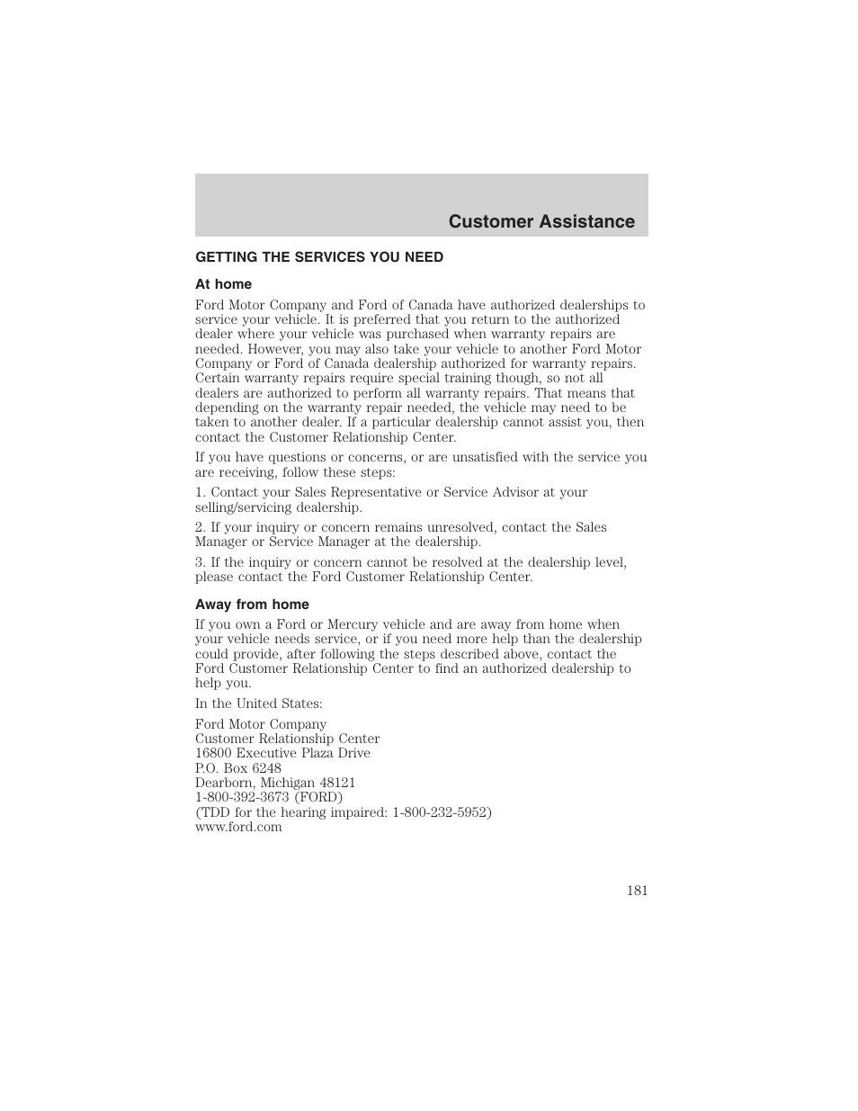 Customer assistance | FORD 2003 Crown Victoria v.3 User Manual | Page 181 / 248