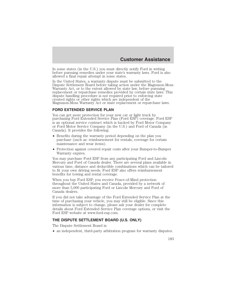 Customer assistance | FORD 2003 Crown Victoria v.3 User Manual | Page 183 / 248