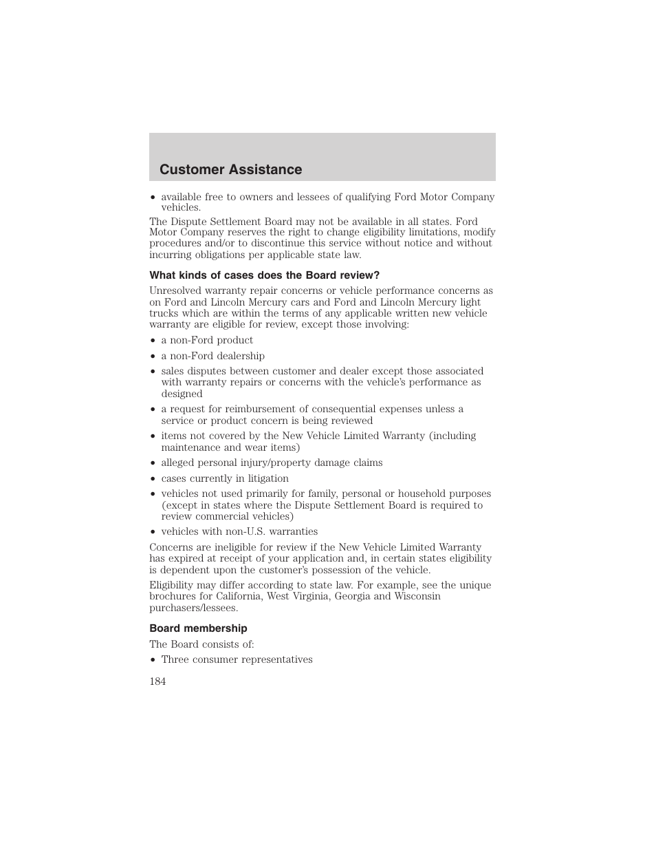 Customer assistance | FORD 2003 Crown Victoria v.3 User Manual | Page 184 / 248