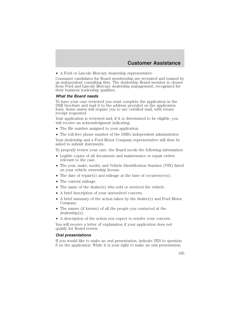 Customer assistance | FORD 2003 Crown Victoria v.3 User Manual | Page 185 / 248