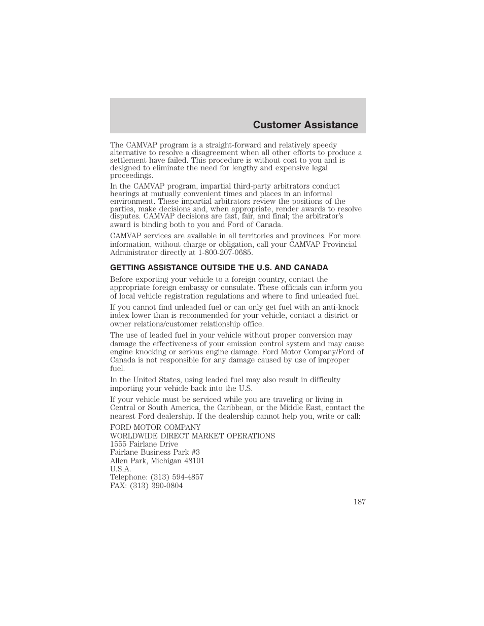 Customer assistance | FORD 2003 Crown Victoria v.3 User Manual | Page 187 / 248