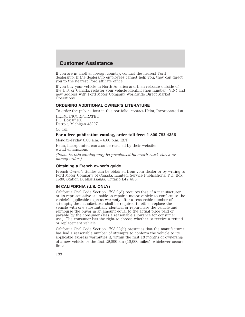 Customer assistance | FORD 2003 Crown Victoria v.3 User Manual | Page 188 / 248