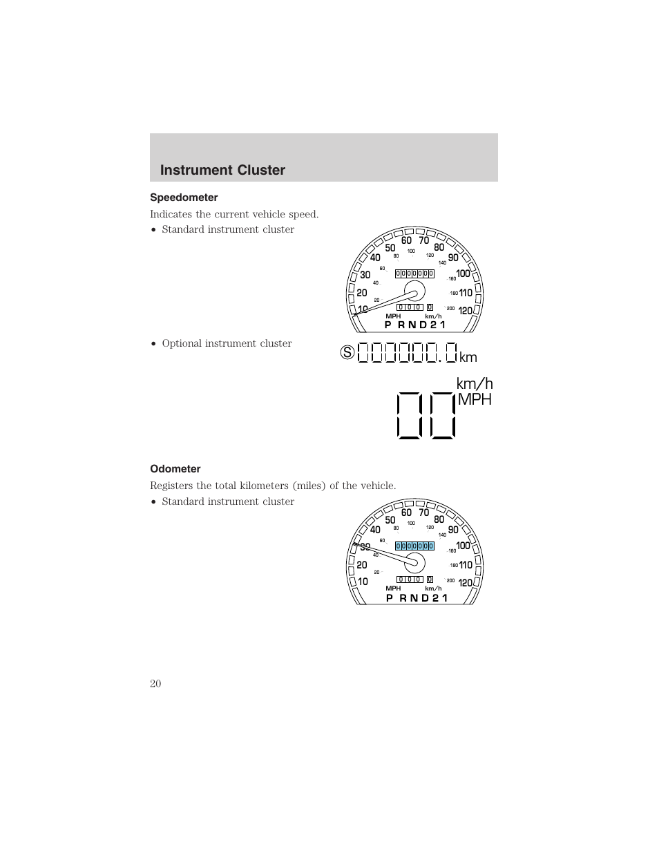 Km/h mph, Km s, Instrument cluster | FORD 2003 Crown Victoria v.3 User Manual | Page 20 / 248