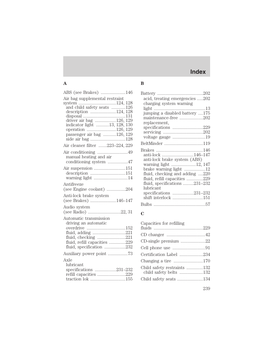 Index | FORD 2003 Crown Victoria v.3 User Manual | Page 239 / 248