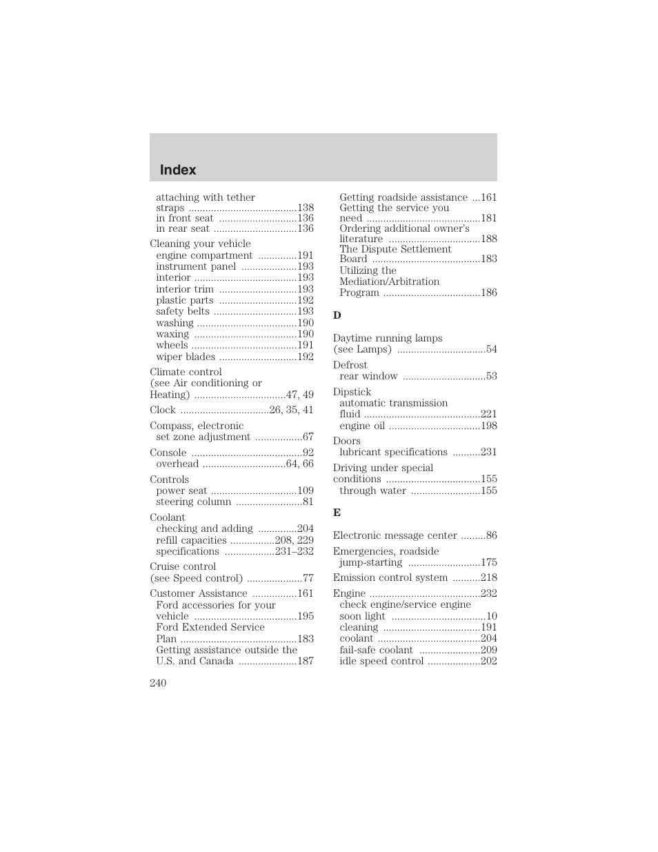 Index | FORD 2003 Crown Victoria v.3 User Manual | Page 240 / 248