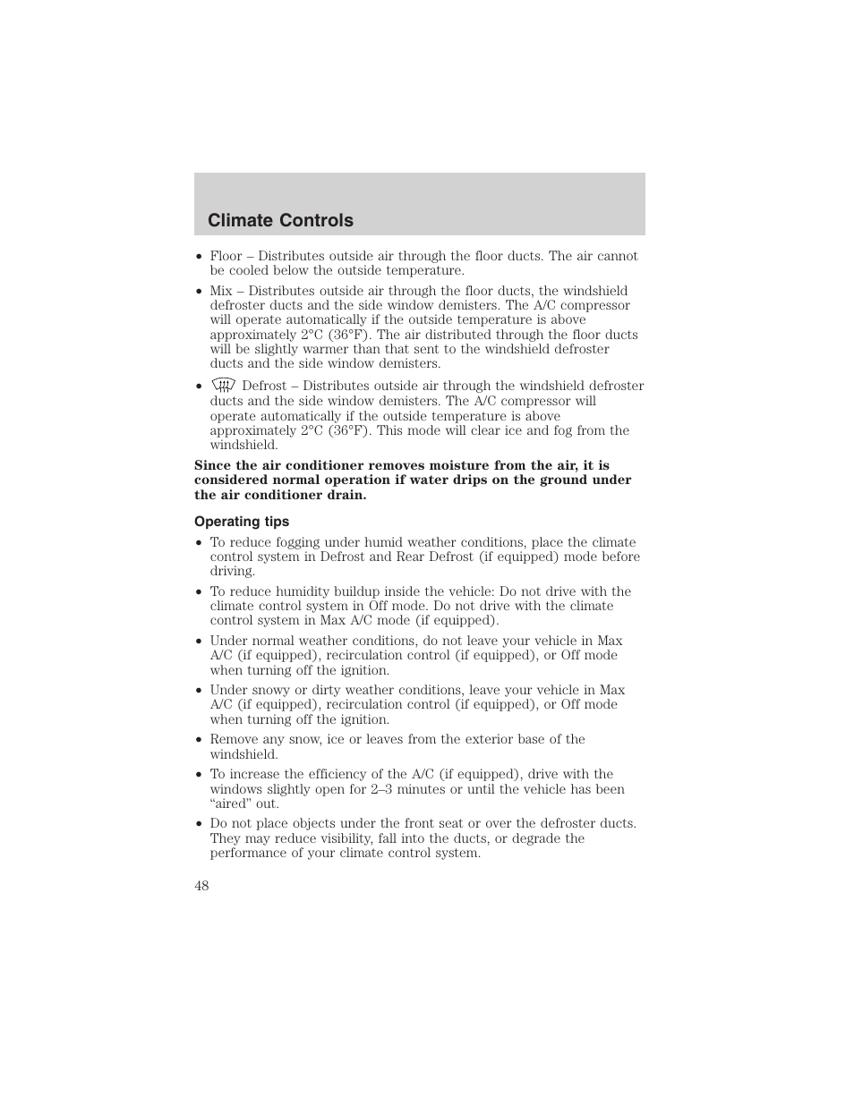 Climate controls | FORD 2003 Crown Victoria v.3 User Manual | Page 48 / 248