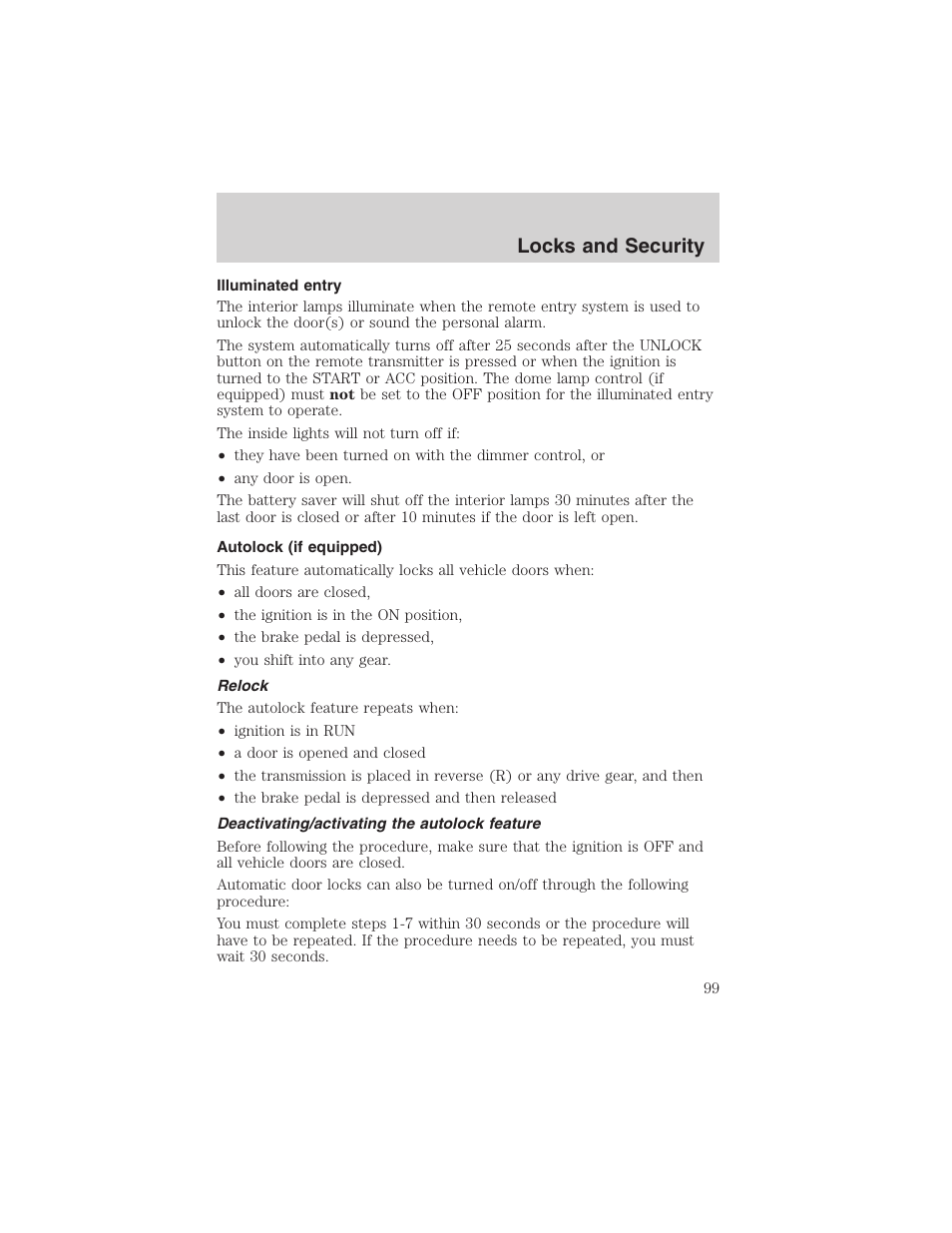 Locks and security | FORD 2003 Crown Victoria v.3 User Manual | Page 99 / 248