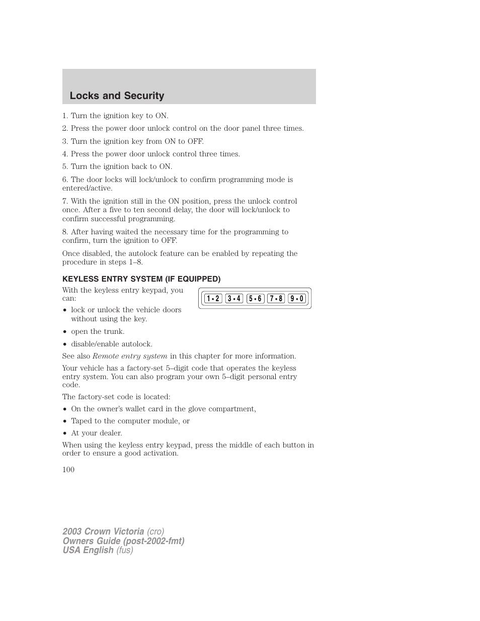 Locks and security | FORD 2003 Crown Victoria v.4 User Manual | Page 100 / 248