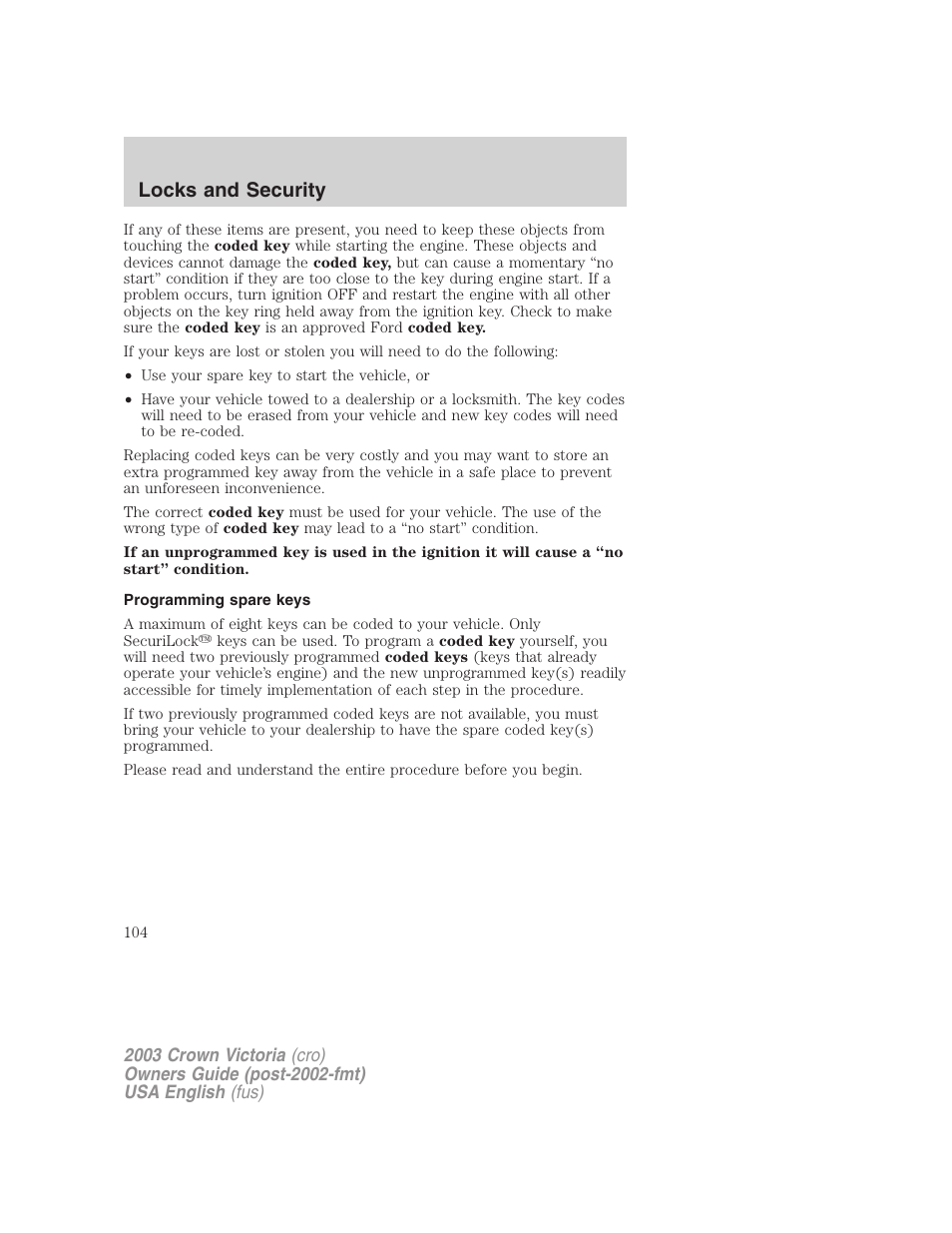 Locks and security | FORD 2003 Crown Victoria v.4 User Manual | Page 104 / 248