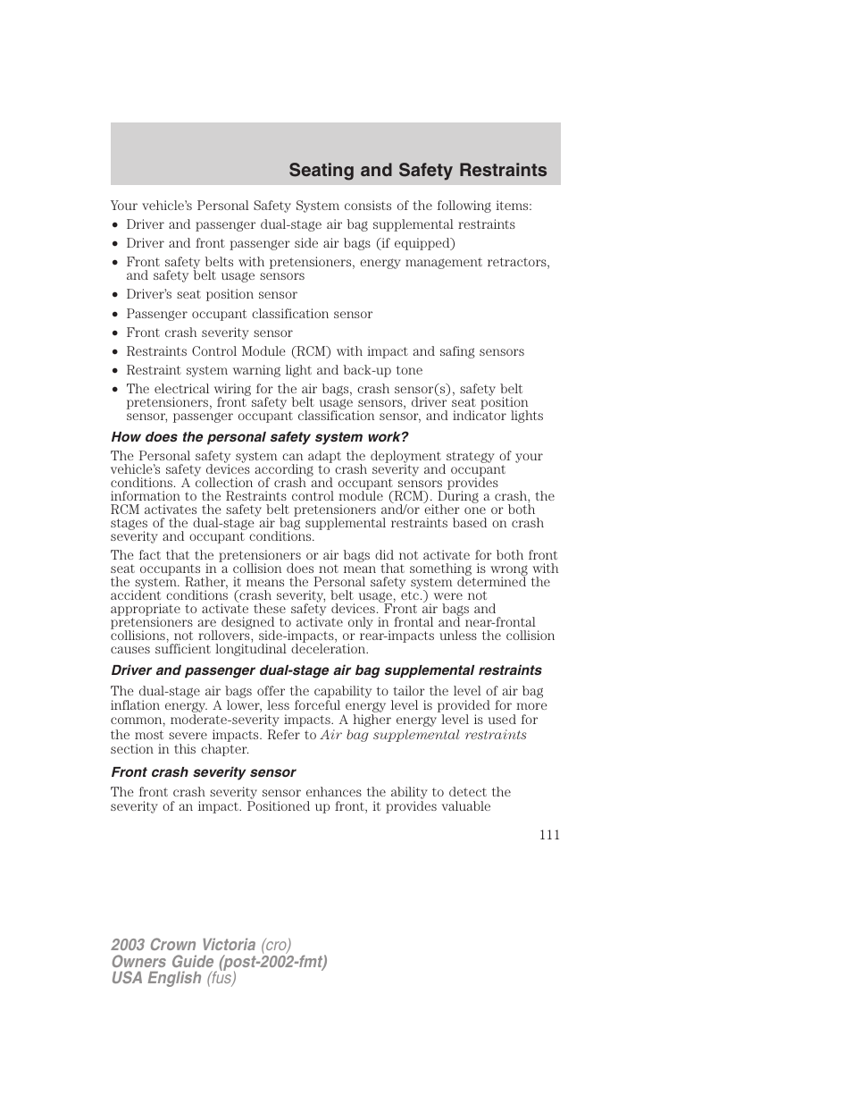 Seating and safety restraints | FORD 2003 Crown Victoria v.4 User Manual | Page 111 / 248