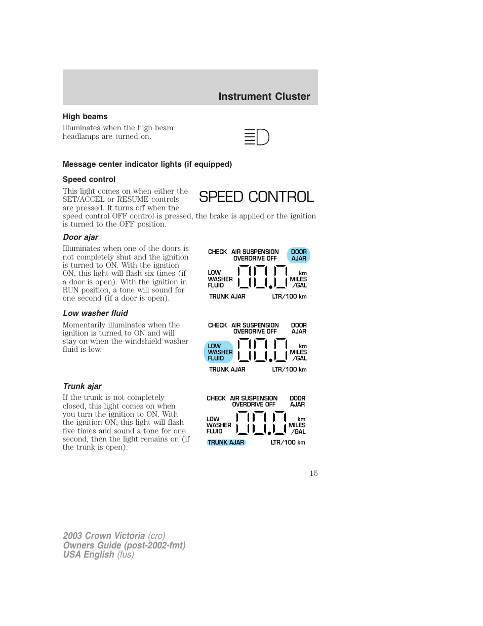 Speed control, Instrument cluster | FORD 2003 Crown Victoria v.4 User Manual | Page 15 / 248