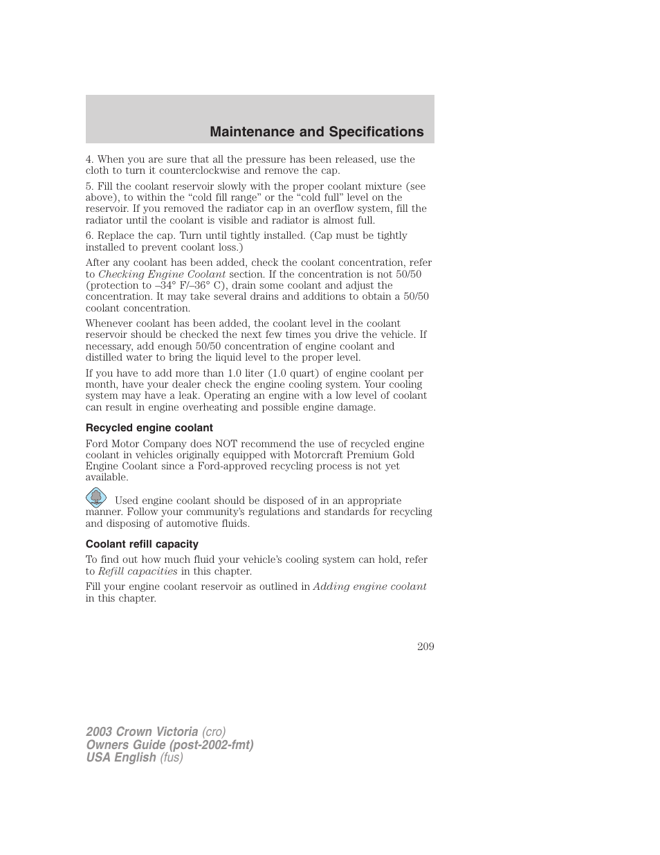 Maintenance and specifications | FORD 2003 Crown Victoria v.4 User Manual | Page 209 / 248