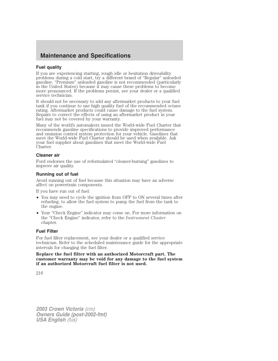 Maintenance and specifications | FORD 2003 Crown Victoria v.4 User Manual | Page 216 / 248