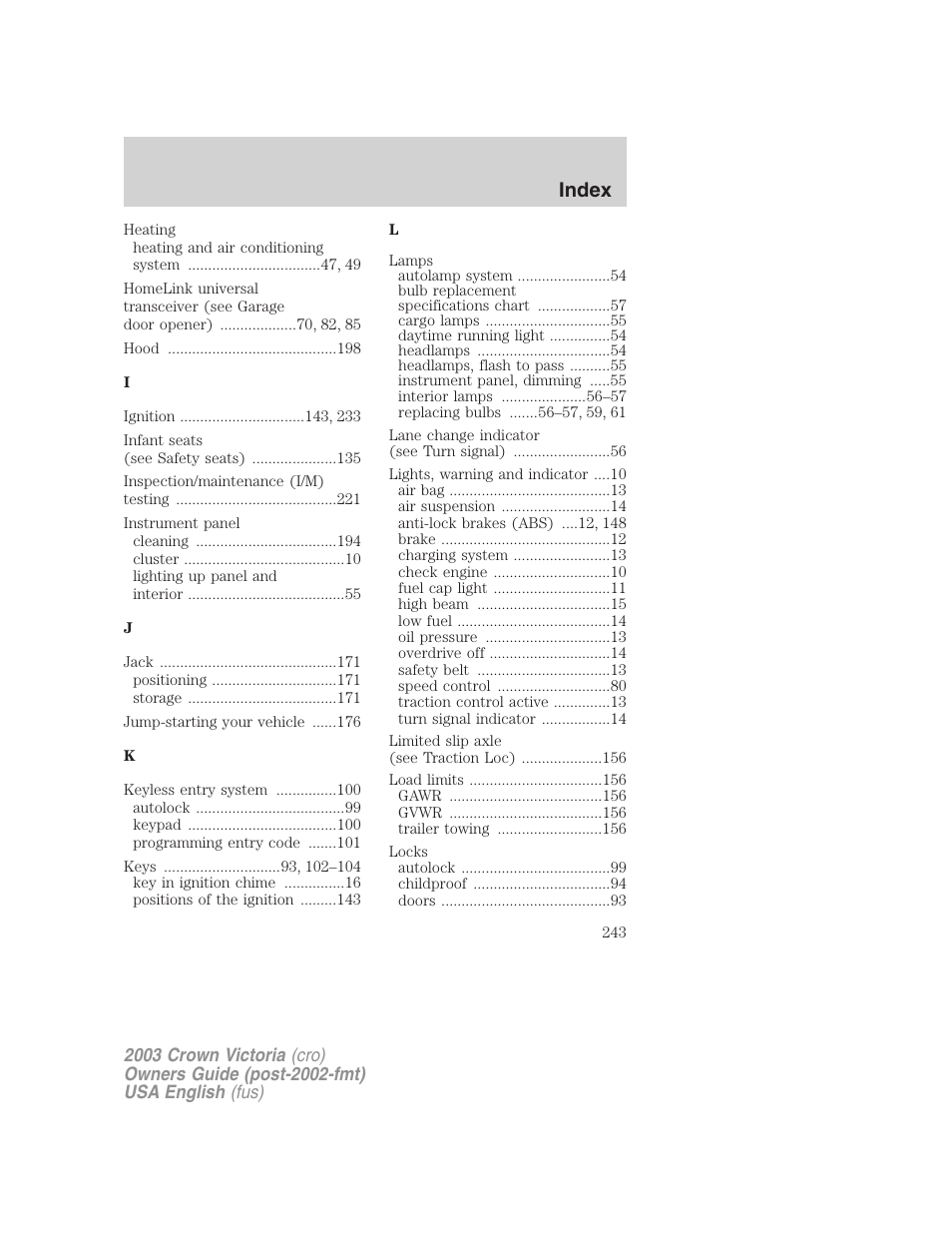 Index | FORD 2003 Crown Victoria v.4 User Manual | Page 243 / 248