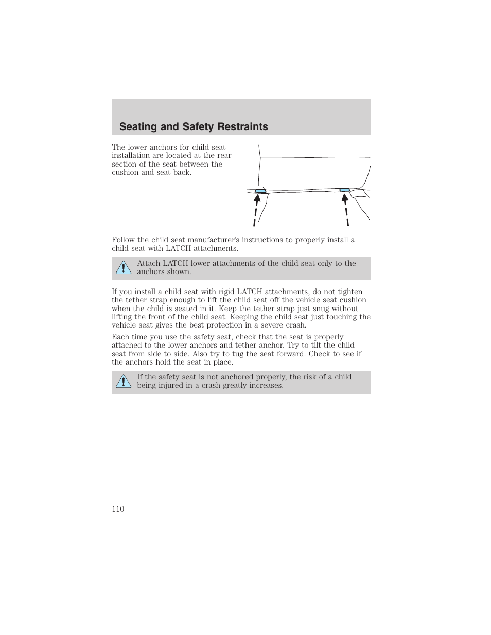 Seating and safety restraints | FORD 2003 E-550 v.1 User Manual | Page 110 / 232