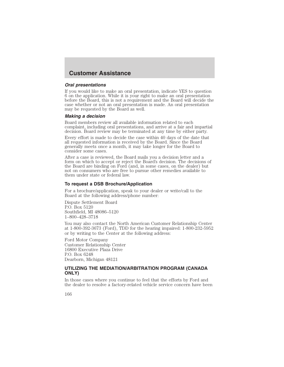 Customer assistance | FORD 2003 E-550 v.1 User Manual | Page 166 / 232