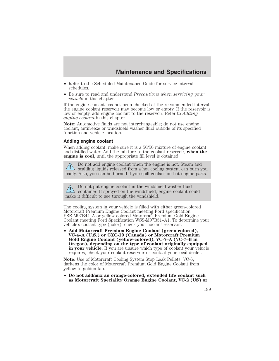 Maintenance and specifications | FORD 2003 E-550 v.1 User Manual | Page 189 / 232