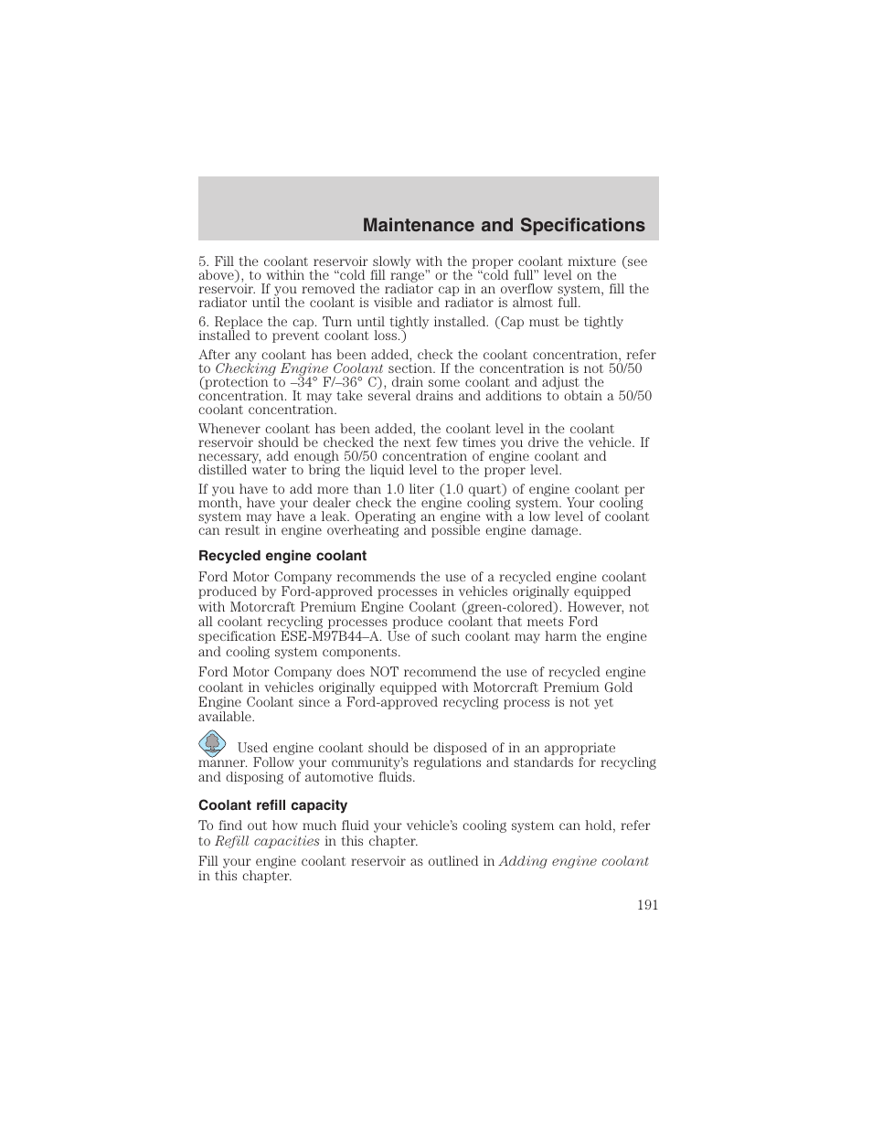 Maintenance and specifications | FORD 2003 E-550 v.1 User Manual | Page 191 / 232