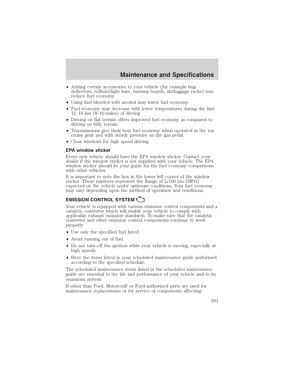 Maintenance and specifications | FORD 2003 E-550 v.1 User Manual | Page 201 / 232