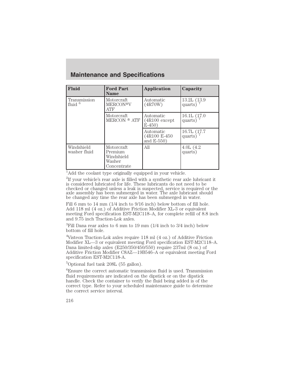 Maintenance and specifications | FORD 2003 E-550 v.1 User Manual | Page 216 / 232