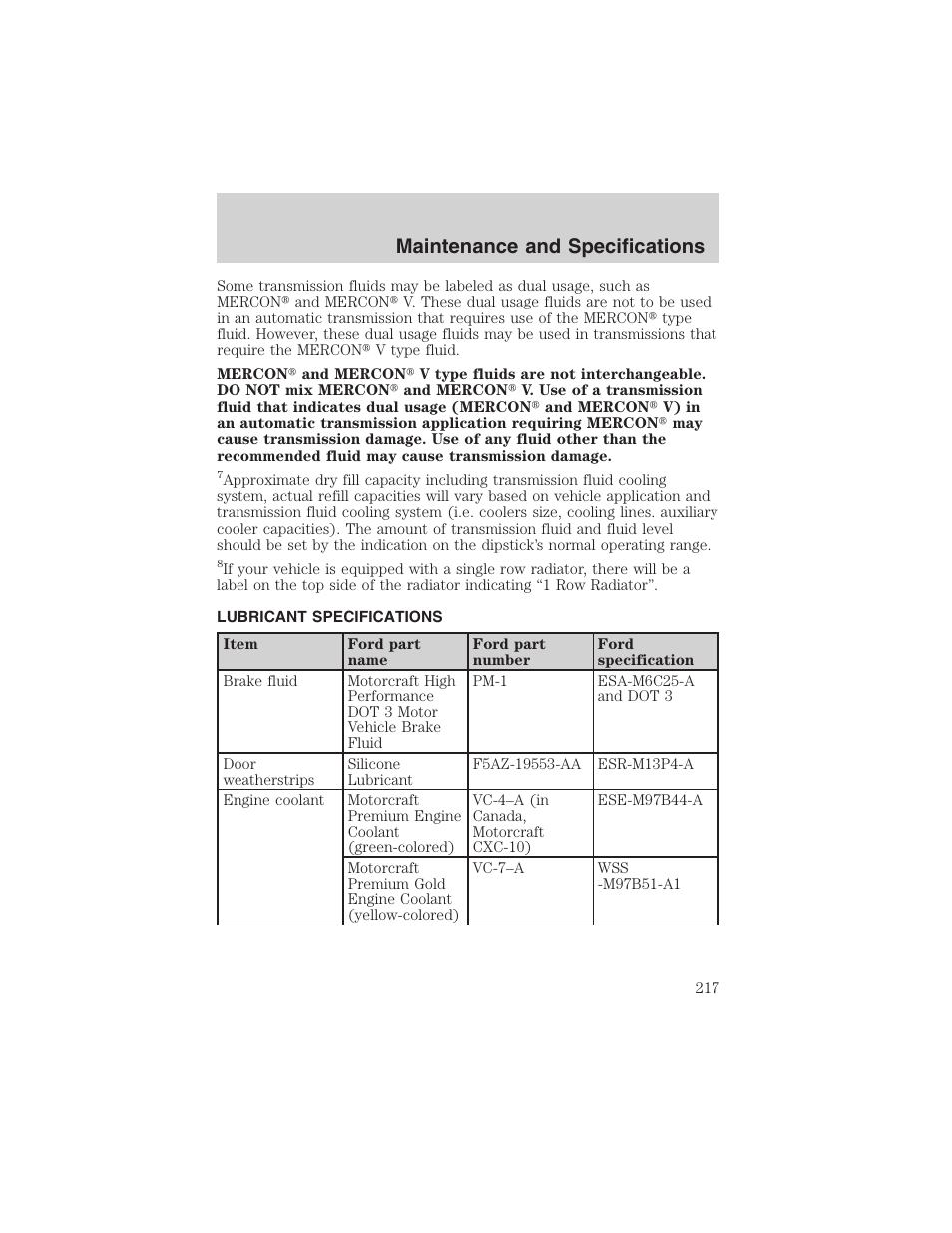 Maintenance and specifications | FORD 2003 E-550 v.1 User Manual | Page 217 / 232