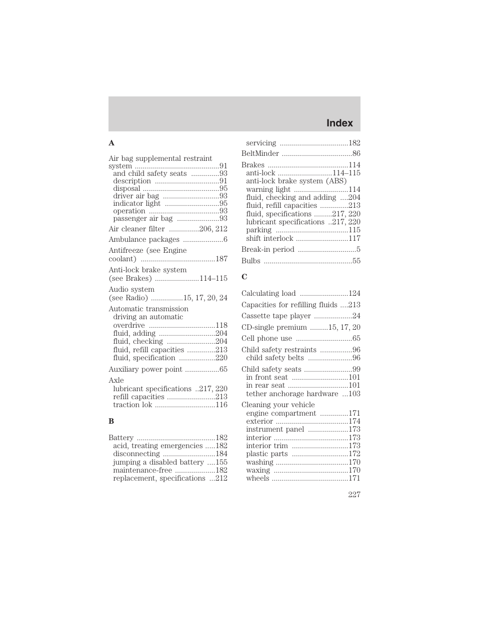 Index | FORD 2003 E-550 v.1 User Manual | Page 227 / 232