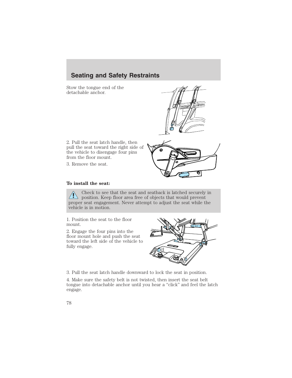 Seating and safety restraints | FORD 2003 E-550 v.1 User Manual | Page 78 / 232