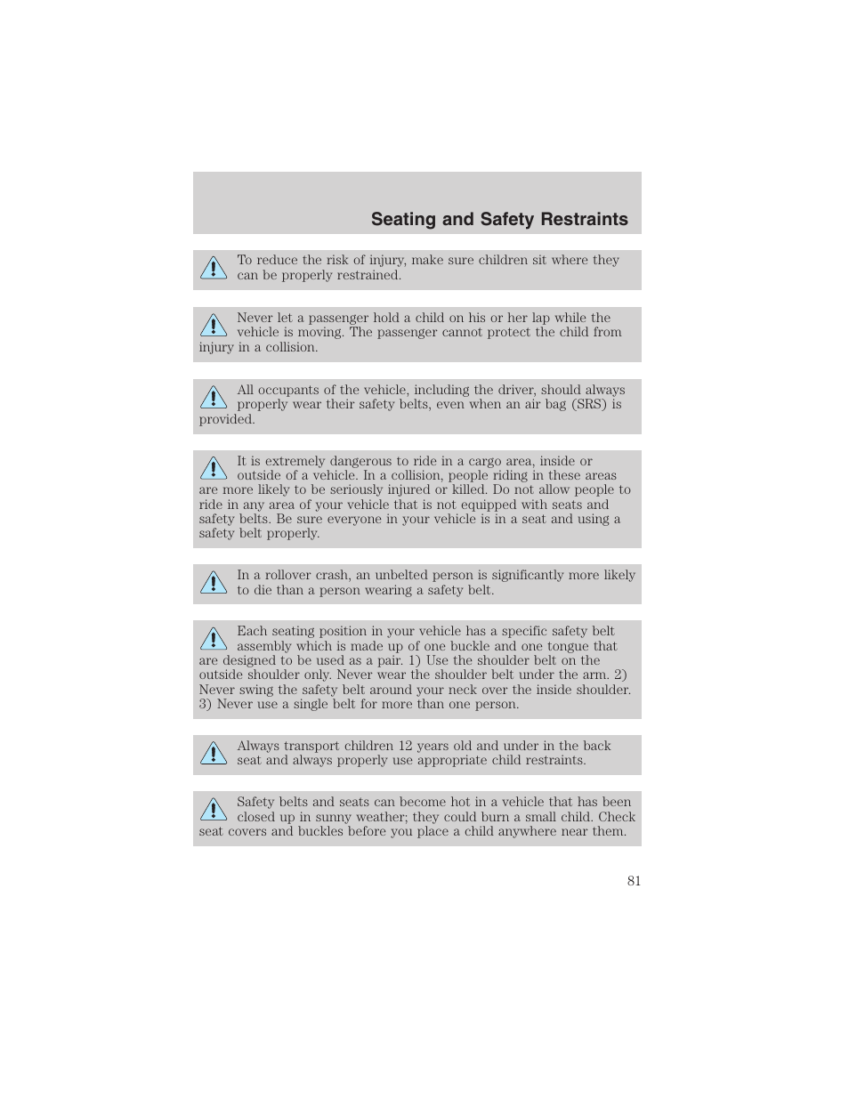 Seating and safety restraints | FORD 2003 E-550 v.1 User Manual | Page 81 / 232