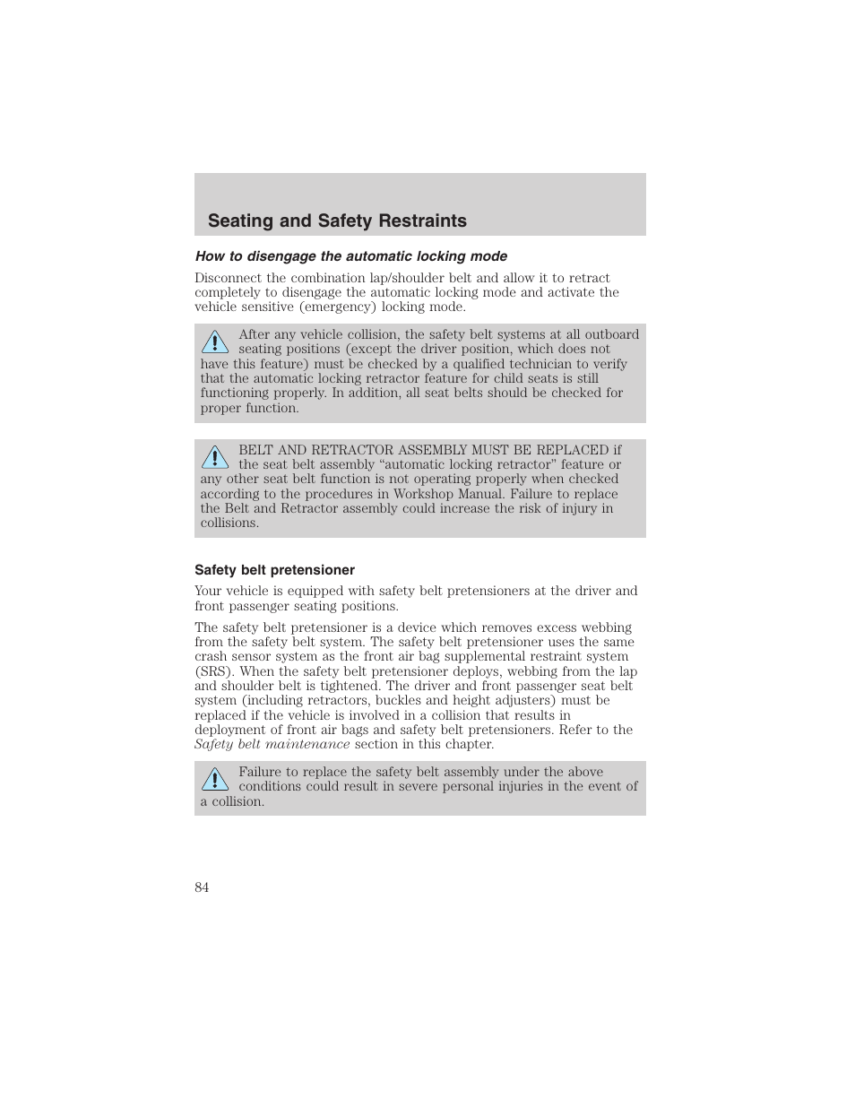 Seating and safety restraints | FORD 2003 E-550 v.1 User Manual | Page 84 / 232