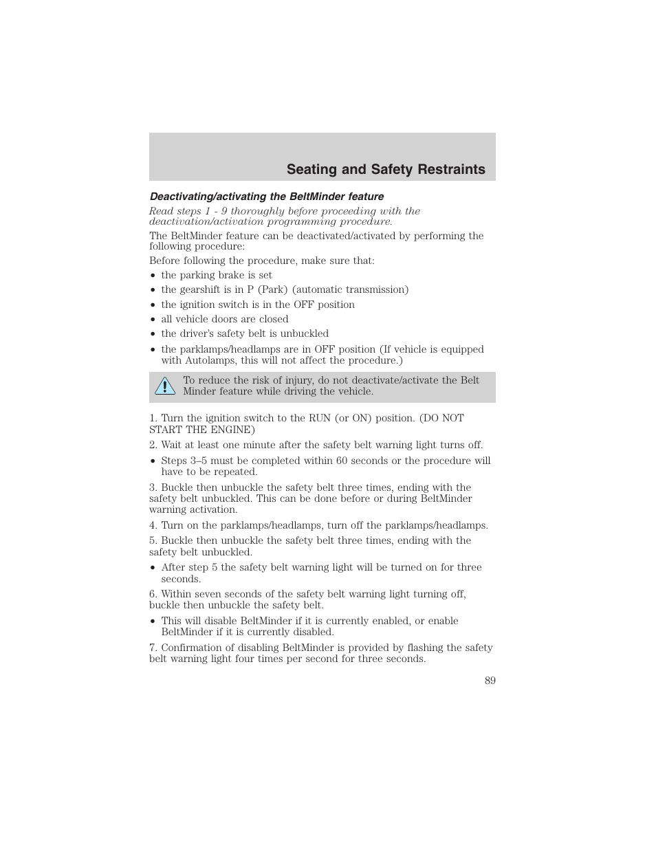 Seating and safety restraints | FORD 2003 E-550 v.1 User Manual | Page 89 / 232