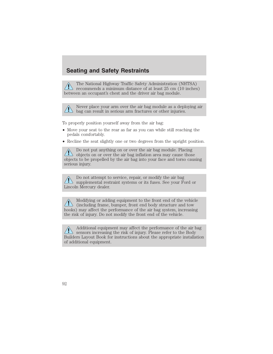 Seating and safety restraints | FORD 2003 E-550 v.1 User Manual | Page 92 / 232