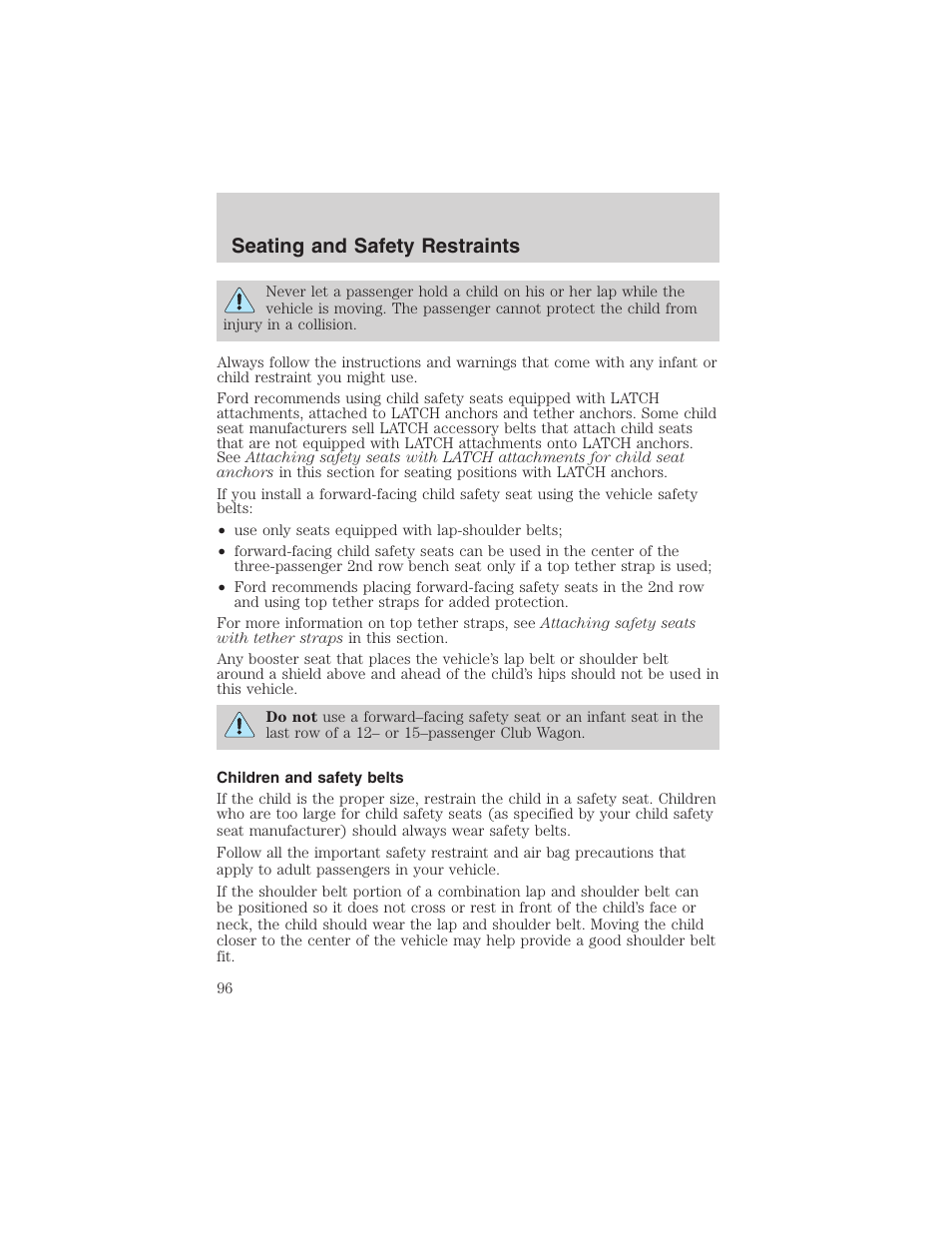 Seating and safety restraints | FORD 2003 E-550 v.1 User Manual | Page 96 / 232