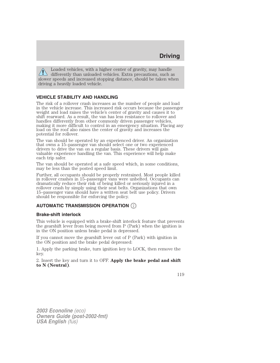 Driving | FORD 2003 E-550 v.2 User Manual | Page 119 / 232