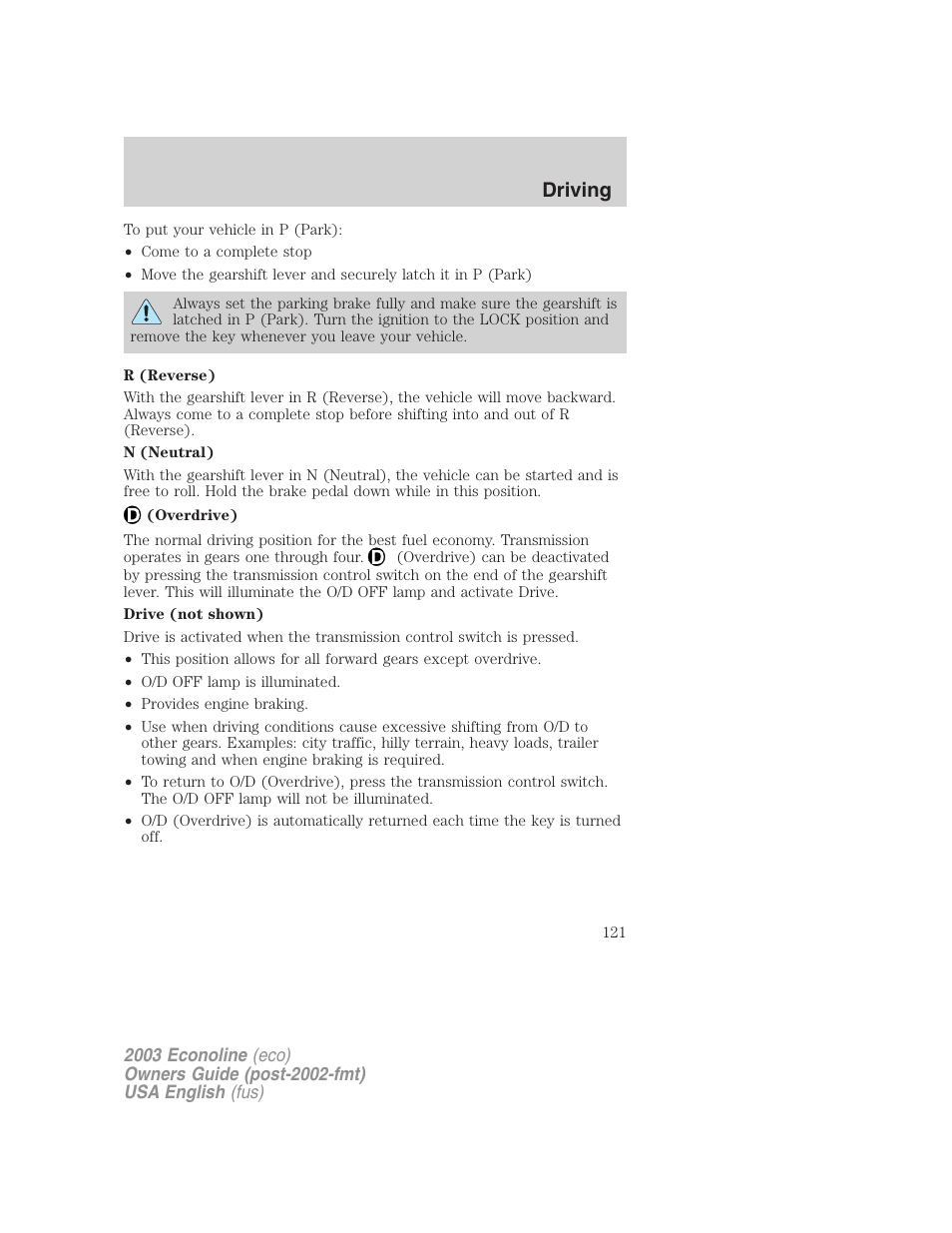 Driving | FORD 2003 E-550 v.2 User Manual | Page 121 / 232