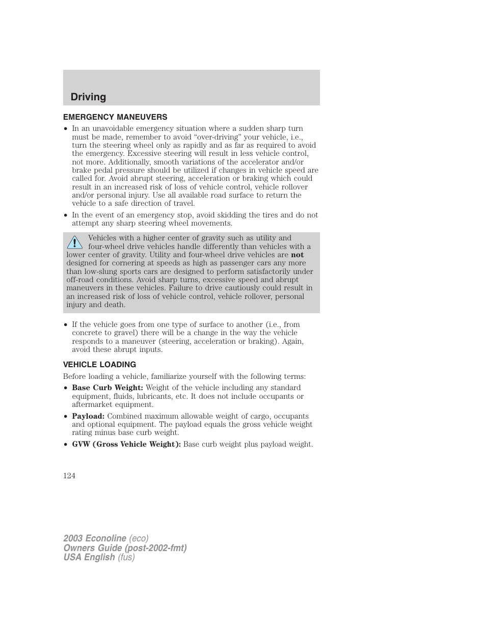 Driving | FORD 2003 E-550 v.2 User Manual | Page 124 / 232