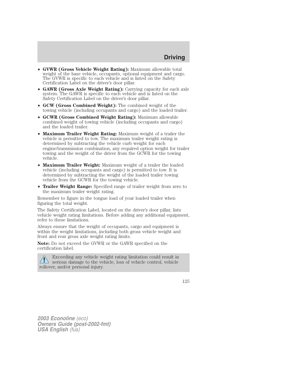 Driving | FORD 2003 E-550 v.2 User Manual | Page 125 / 232