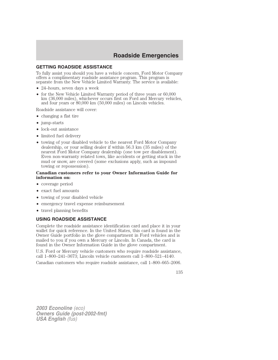 Roadside emergencies | FORD 2003 E-550 v.2 User Manual | Page 135 / 232