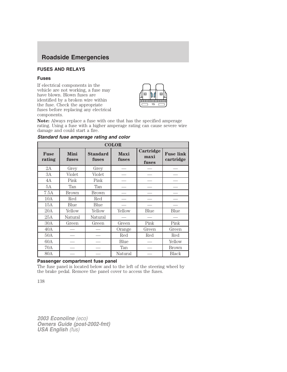Roadside emergencies | FORD 2003 E-550 v.2 User Manual | Page 138 / 232
