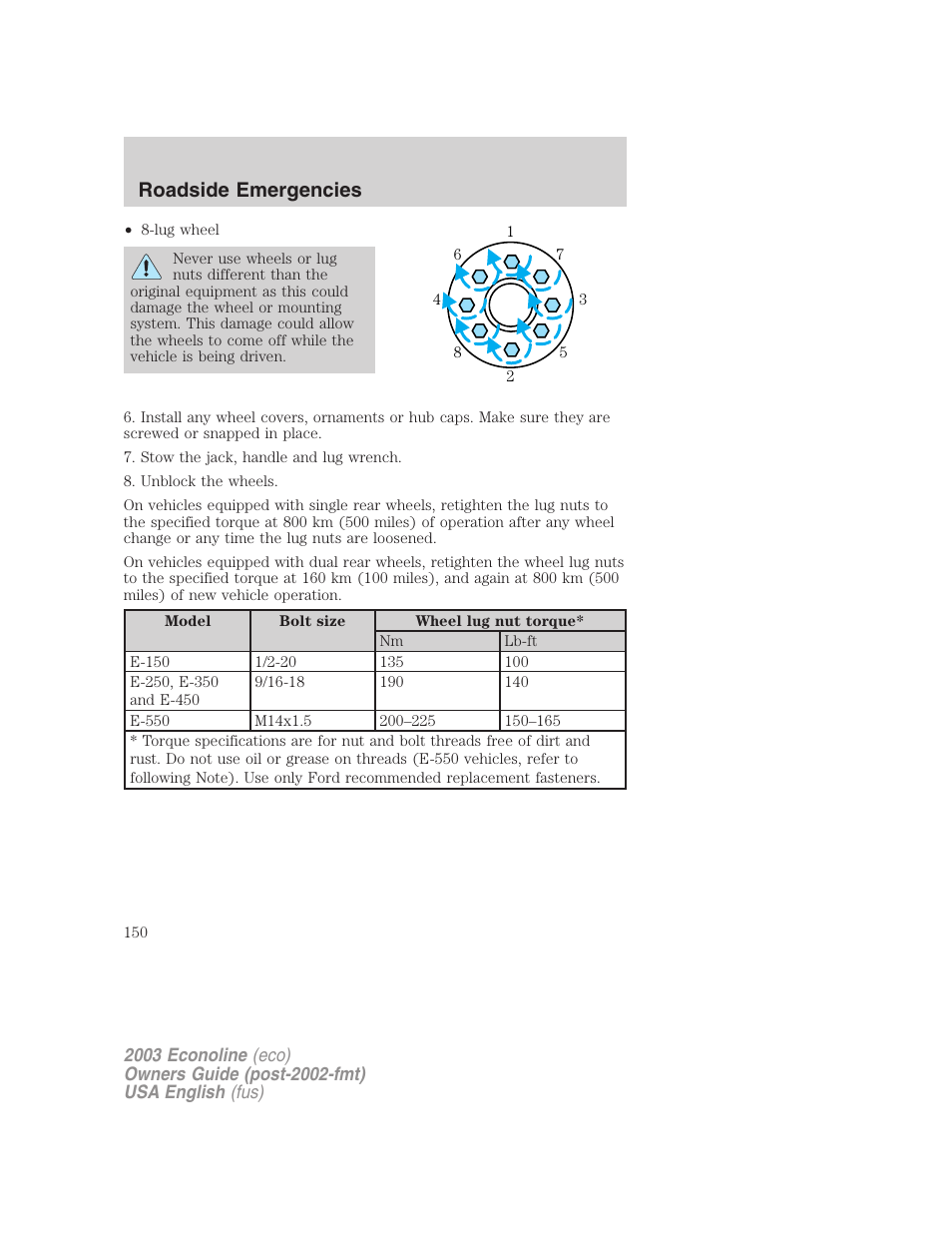 Roadside emergencies | FORD 2003 E-550 v.2 User Manual | Page 150 / 232