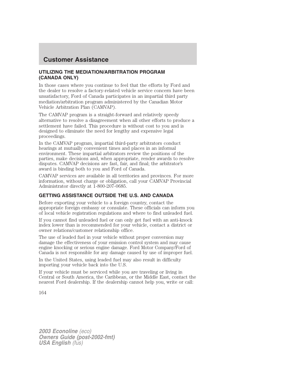 Customer assistance | FORD 2003 E-550 v.2 User Manual | Page 164 / 232