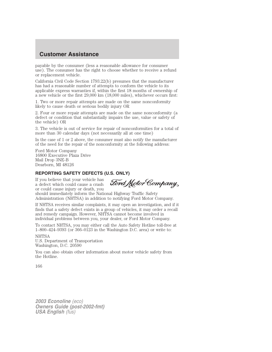 Customer assistance | FORD 2003 E-550 v.2 User Manual | Page 166 / 232