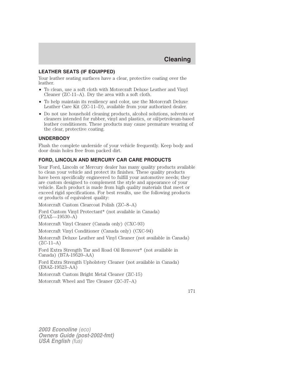 Cleaning | FORD 2003 E-550 v.2 User Manual | Page 171 / 232